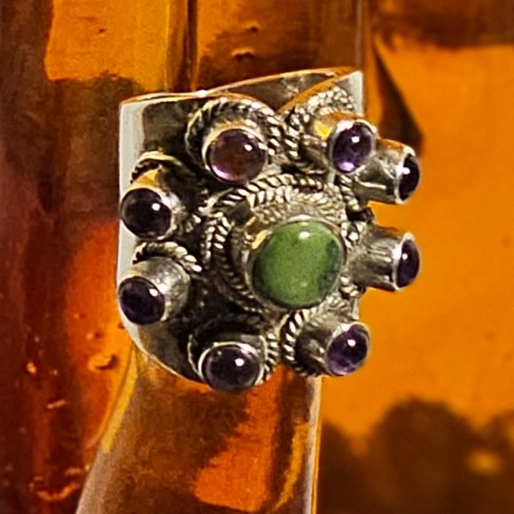 Vintage Chrysocolla & Amethyst Ring - Picture 2 of 8